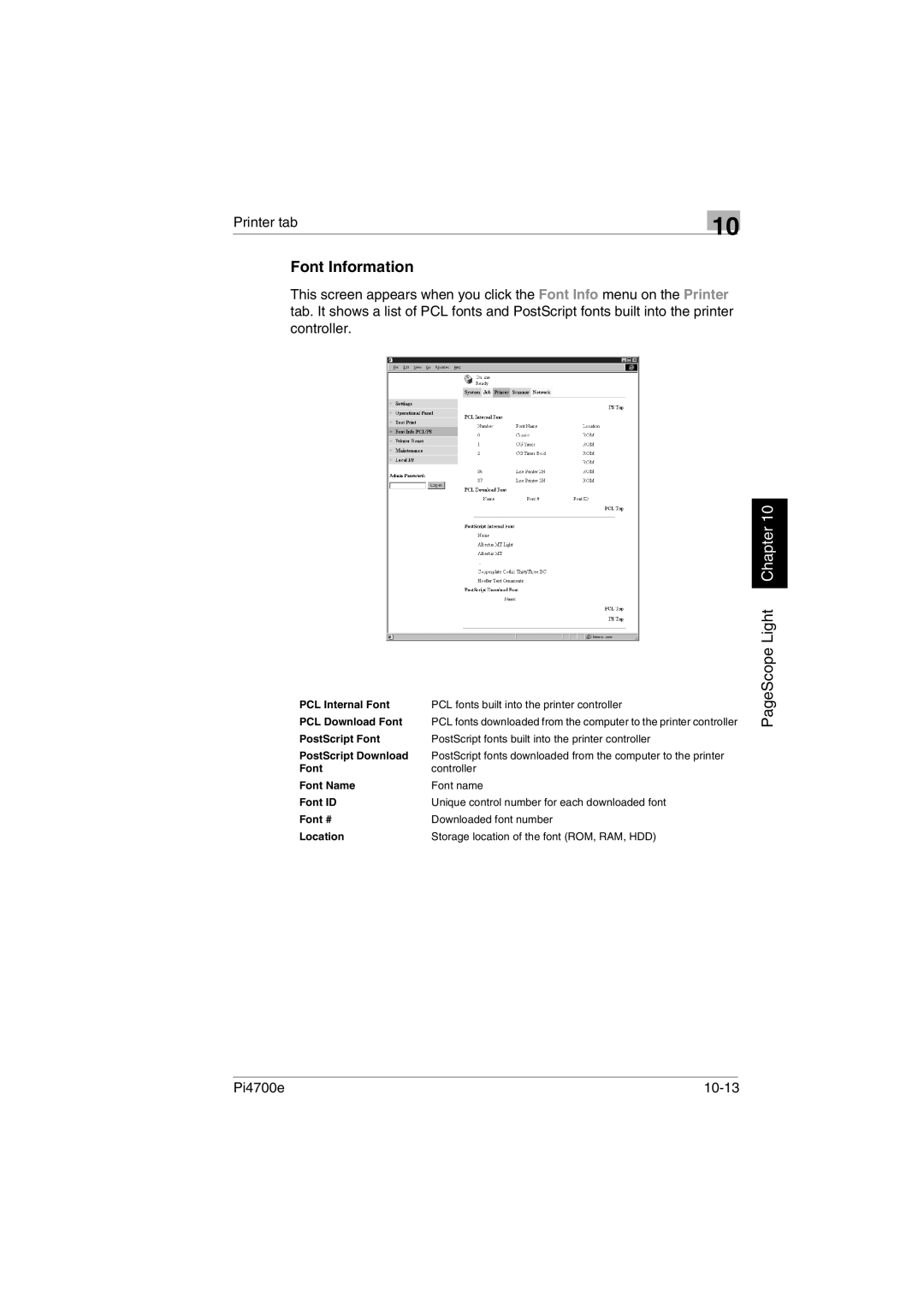 Minolta PI4700E user manual Font Information, Pi4700e 10-13 