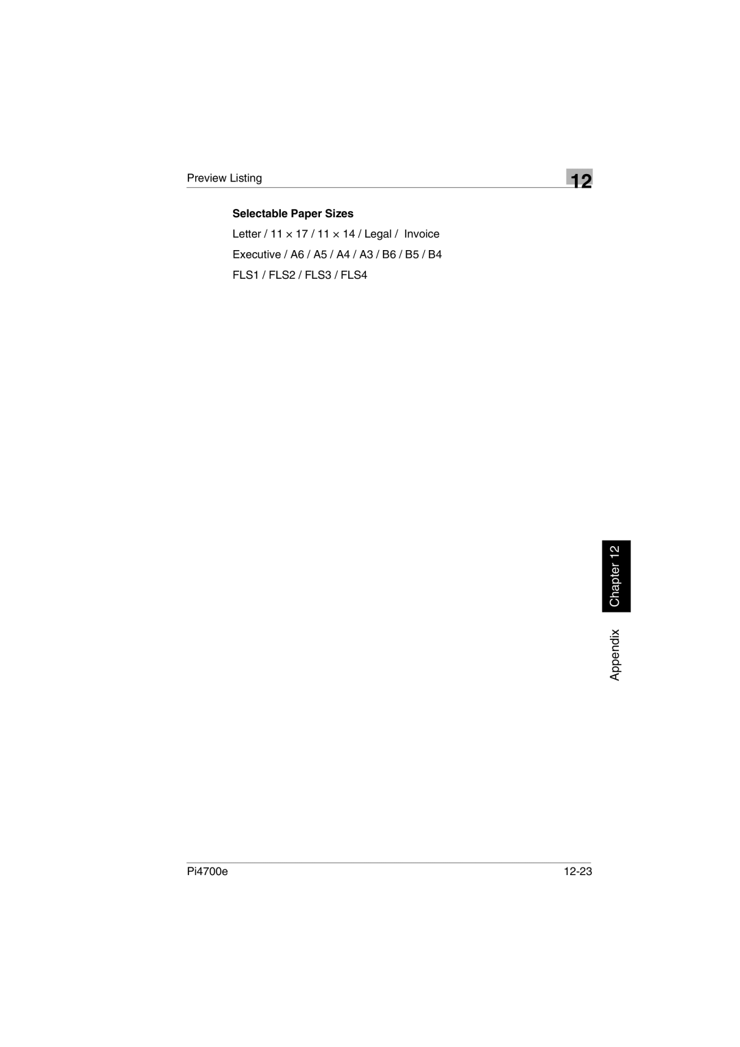 Minolta PI4700E user manual Selectable Paper Sizes, Pi4700e 12-23 