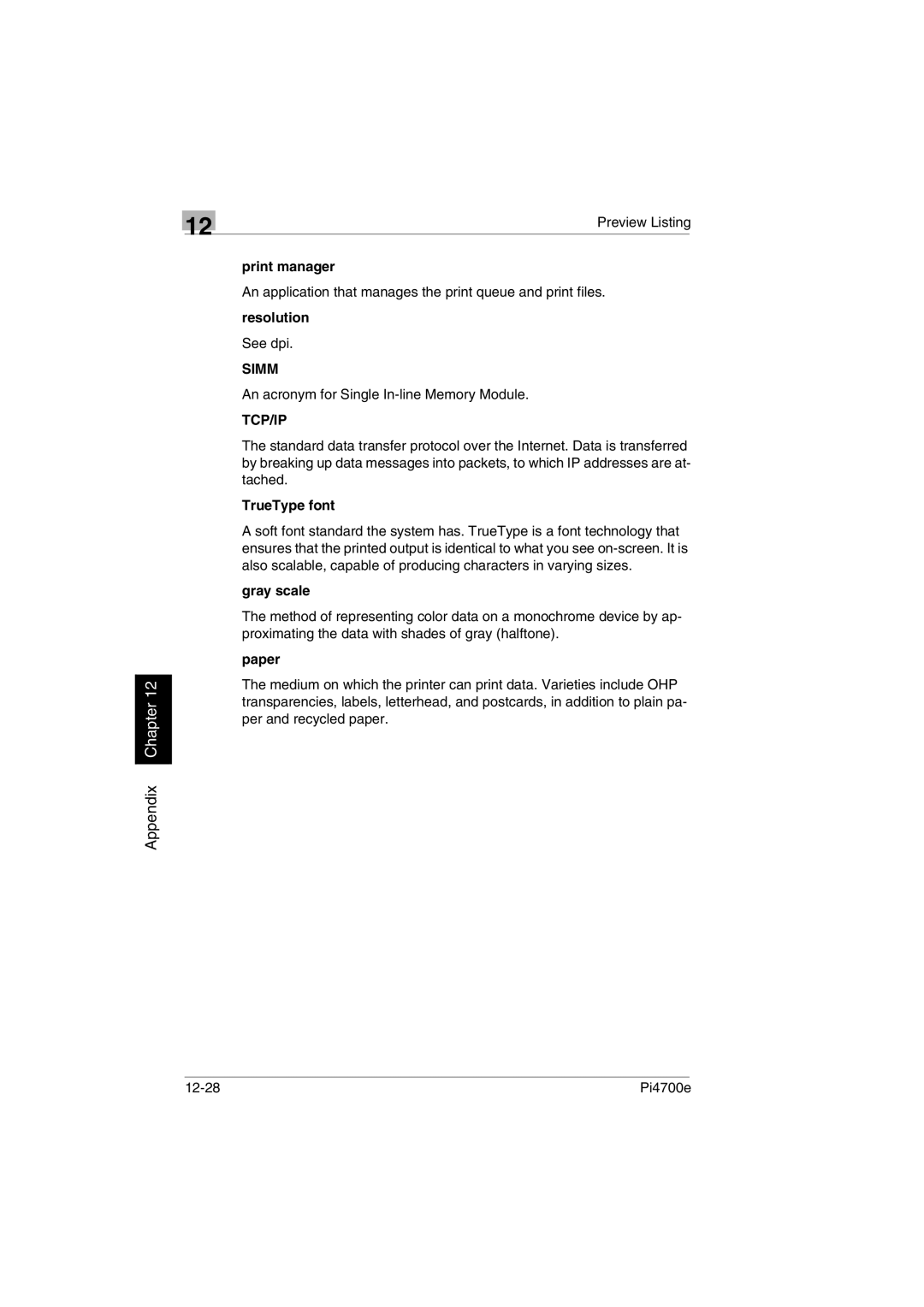 Minolta PI4700E user manual Print manager, TrueType font, Gray scale, Paper 