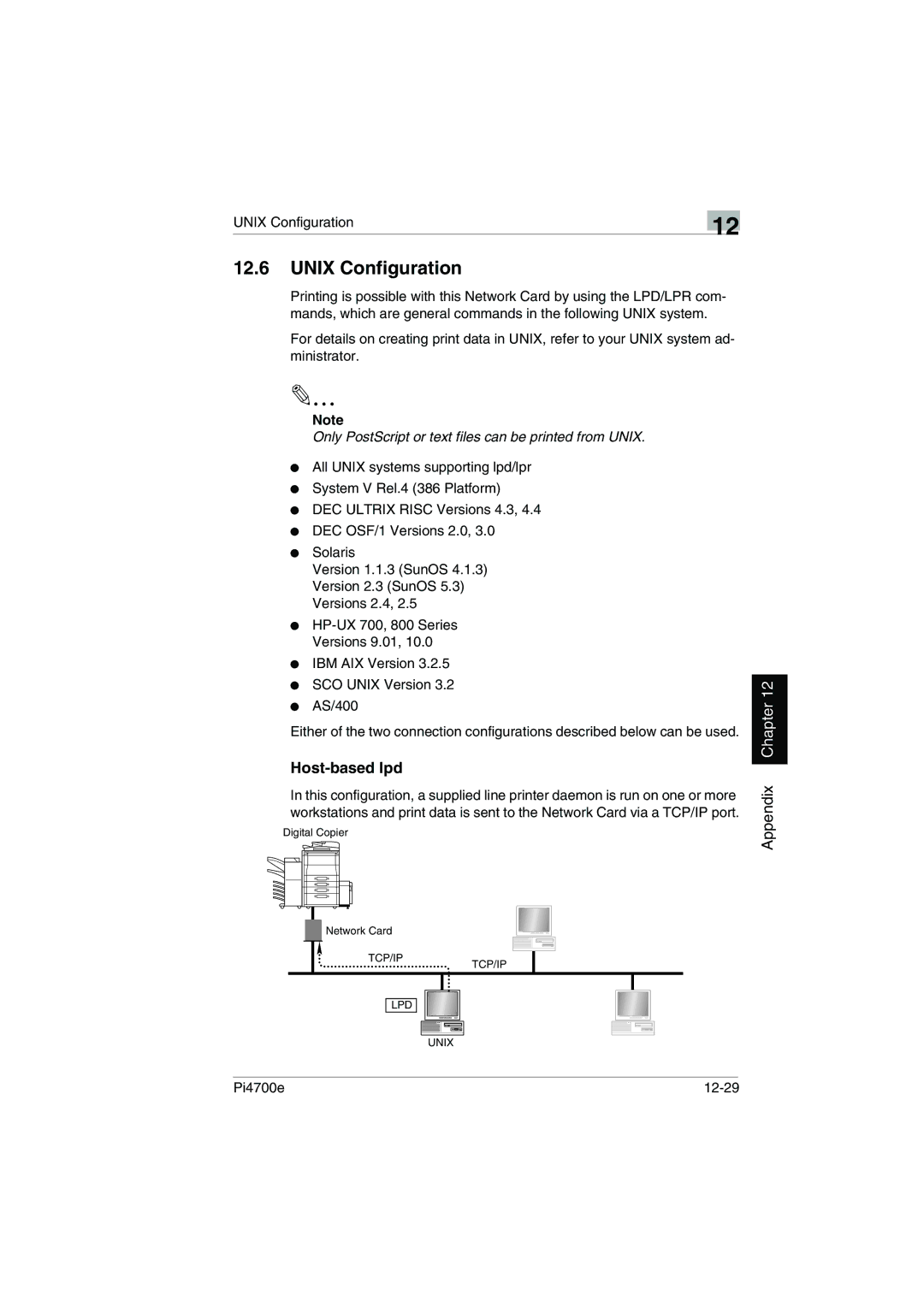 Minolta PI4700E user manual Unix Configuration, Host-based lpd, Pi4700e 12-29 