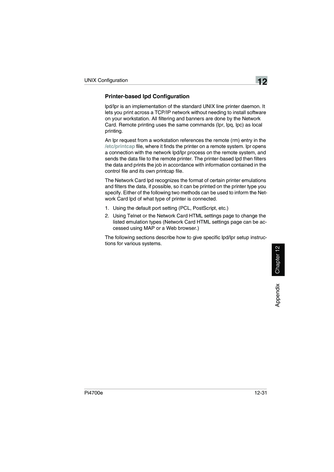 Minolta PI4700E user manual Printer-based lpd Configuration, Pi4700e 12-31 