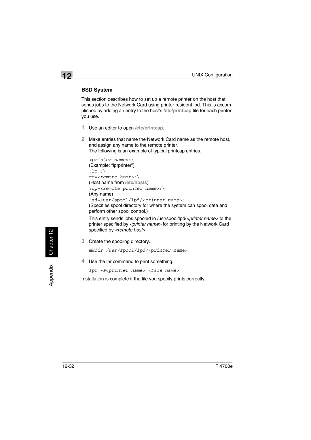 Minolta PI4700E user manual BSD System, Example lprprinter, Host name from /etc/hosts, Any name 