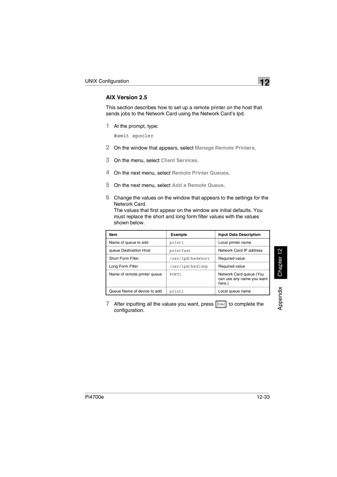 Minolta PI4700E user manual AIX Version, Pi4700e 12-33, Example Input Data Description 