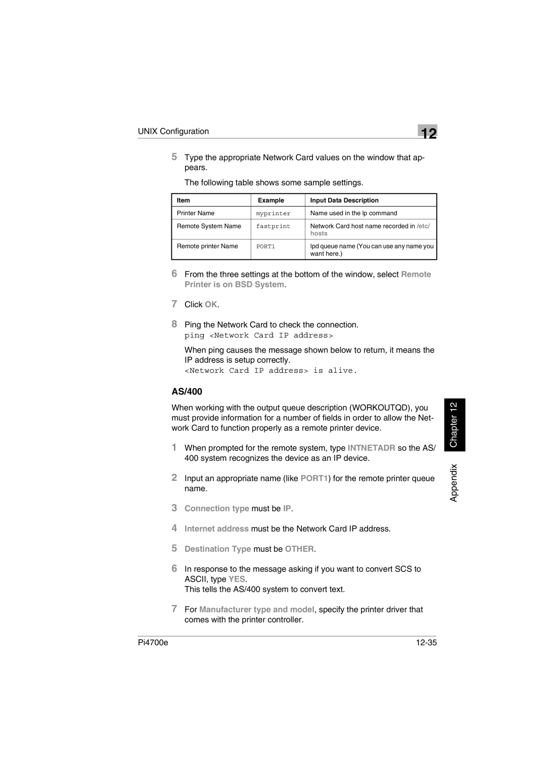 Minolta PI4700E user manual AS/400, Internet address must be the Network Card IP address, Pi4700e 12-35 