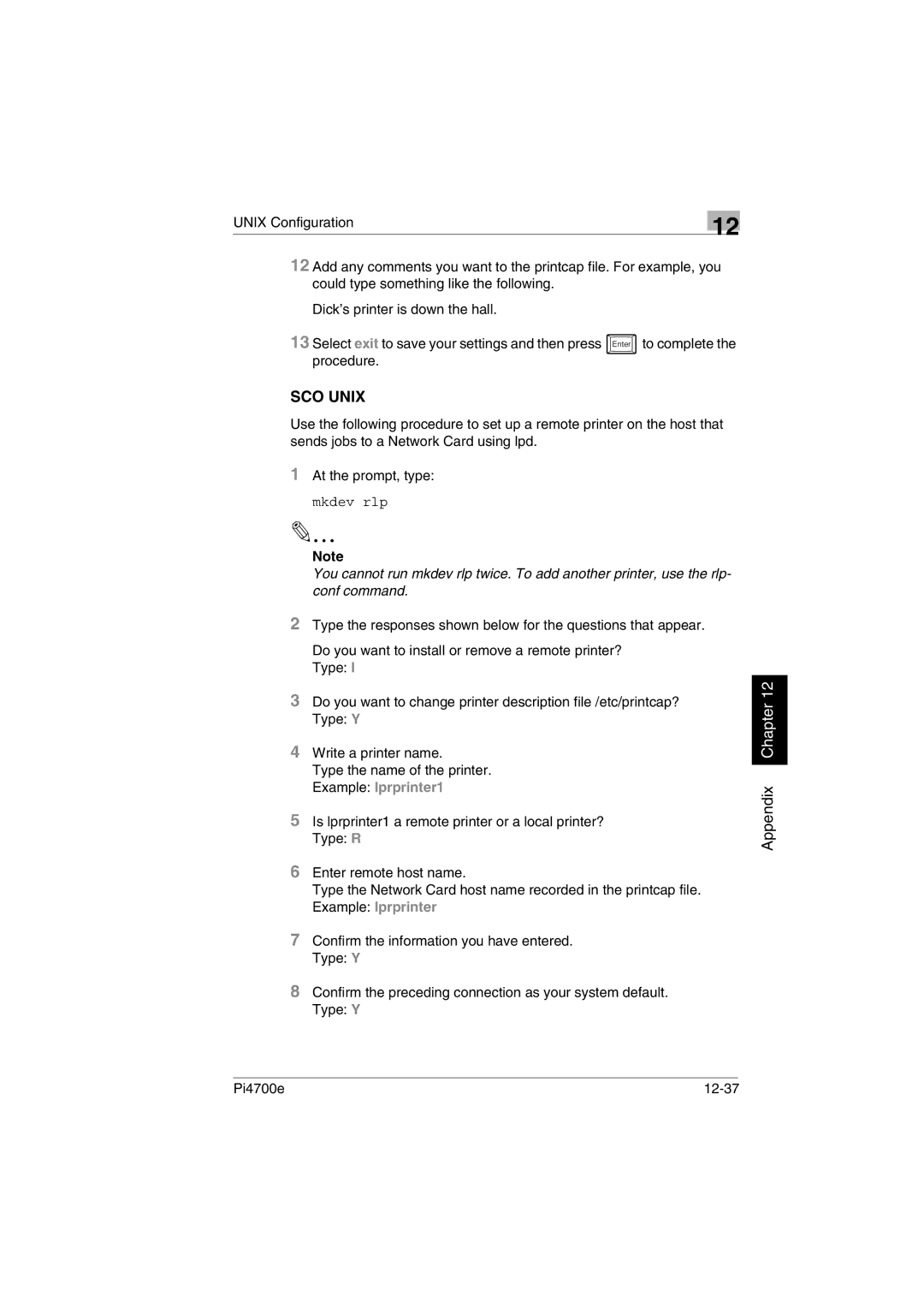 Minolta PI4700E user manual SCO Unix, Pi4700e 12-37 