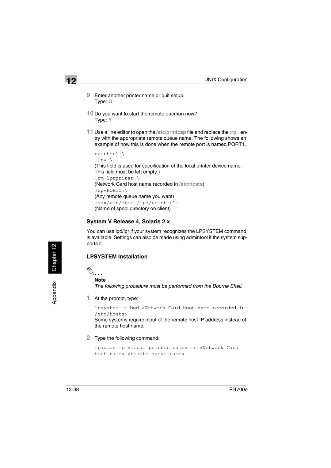 Minolta PI4700E System V Release 4, Solaris, Lpsystem Installation, Network Card host name recorded in /etc/hosts 