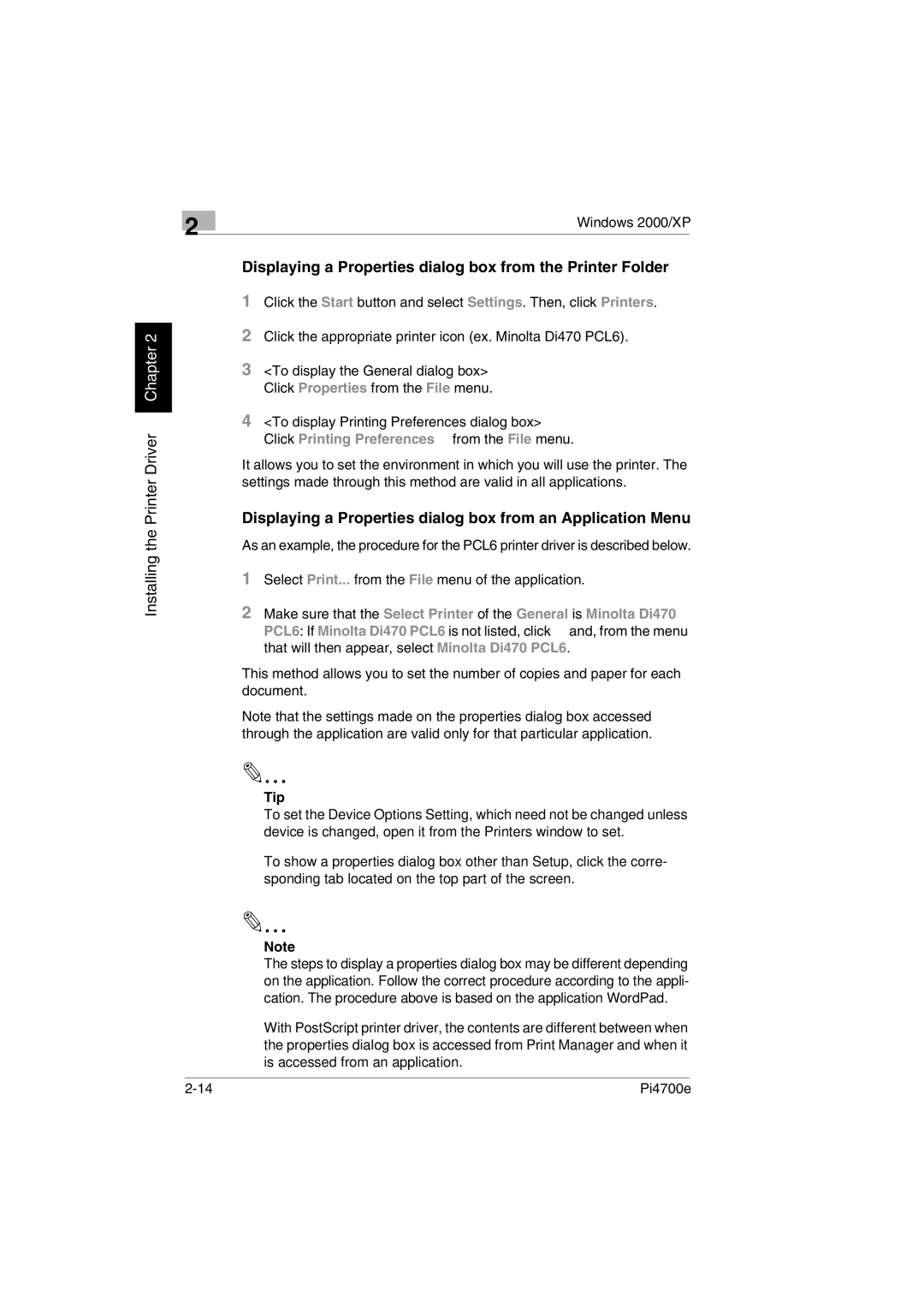 Minolta PI4700E user manual Displaying a Properties dialog box from the Printer Folder 