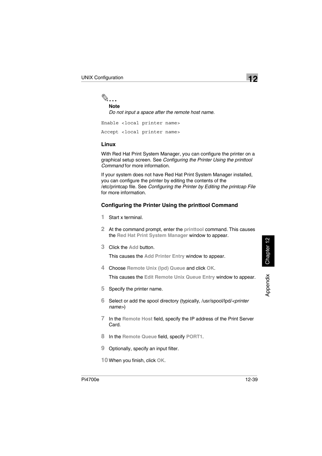 Minolta PI4700E user manual Linux, Configuring the Printer Using the printtool Command, Pi4700e 12-39 