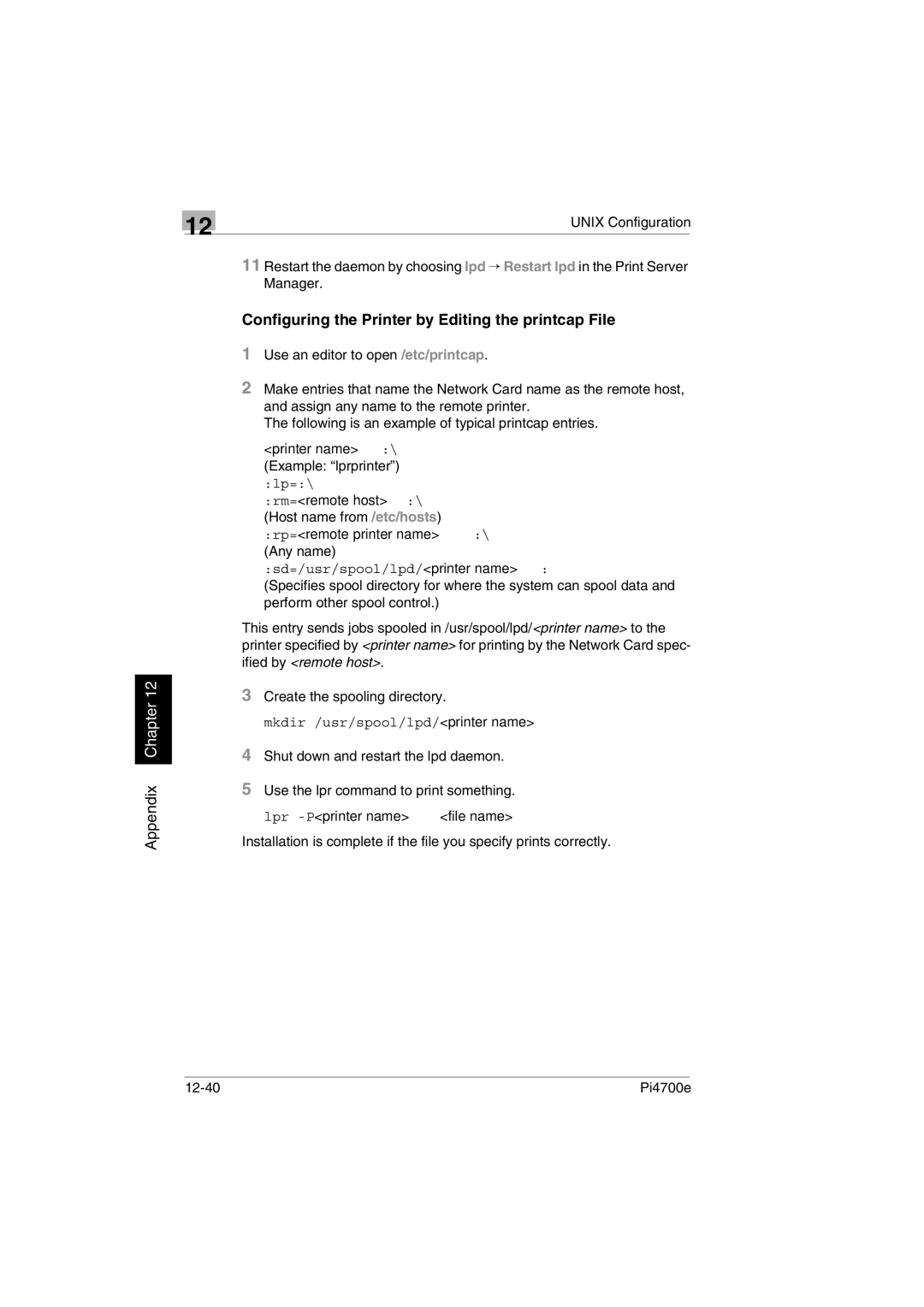 Minolta PI4700E user manual Configuring the Printer by Editing the printcap File, Example lprprinter 