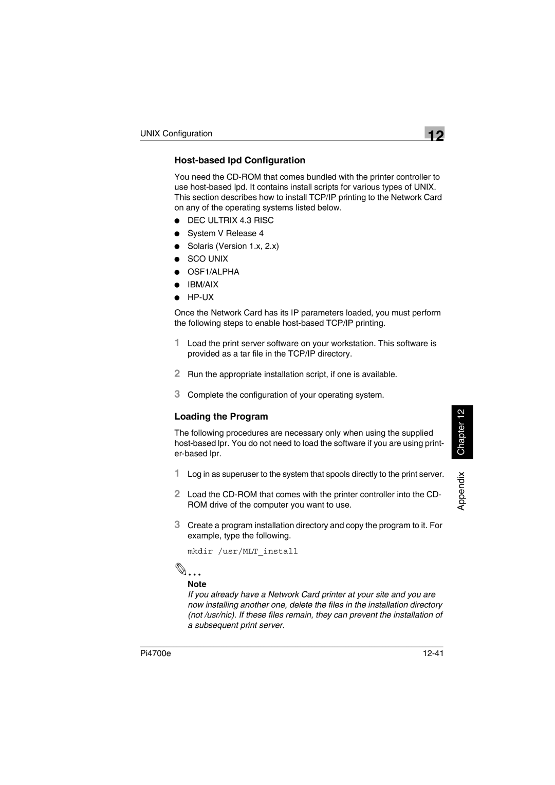 Minolta PI4700E Host-based lpd Configuration, Loading the Program,  System V Release  Solaris Version 1.x, Pi4700e 12-41 