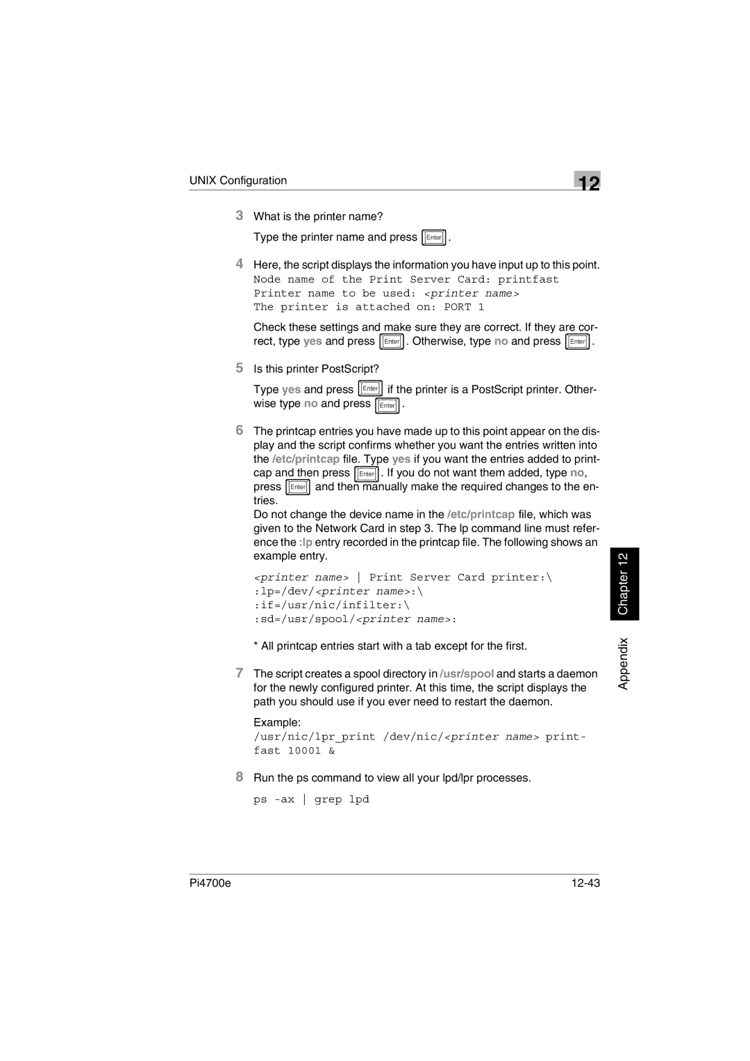 Minolta PI4700E user manual Is this printer PostScript? Type yes and press Enter, Wise type no and press, Pi4700e 12-43 