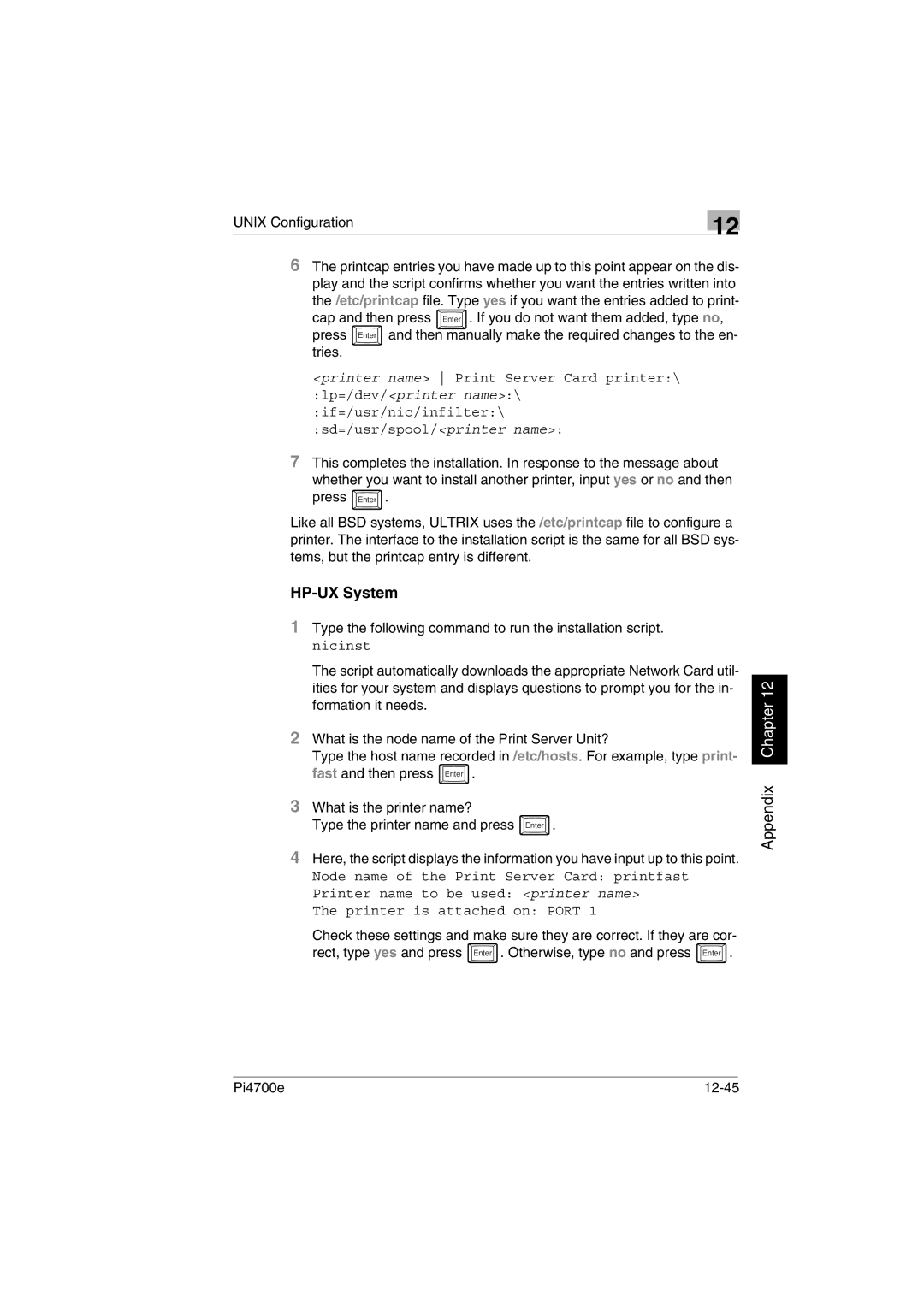 Minolta PI4700E user manual HP-UX System, Pi4700e 12-45 