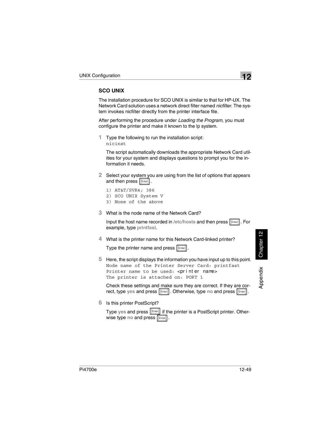 Minolta PI4700E user manual AT&T/SVR4 SCO Unix System None of the above, Pi4700e 12-49 