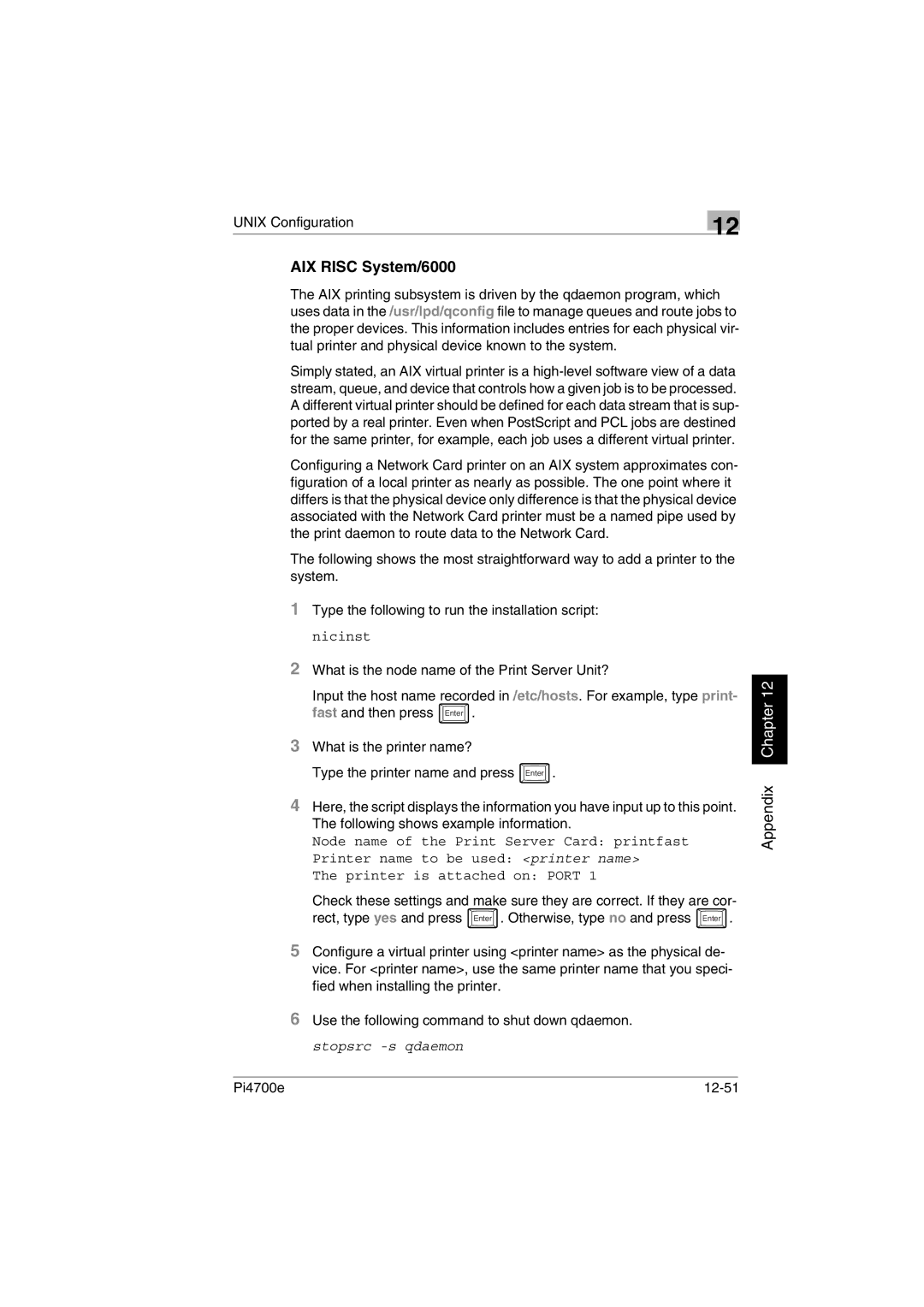 Minolta PI4700E user manual AIX Risc System/6000, Pi4700e 12-51 