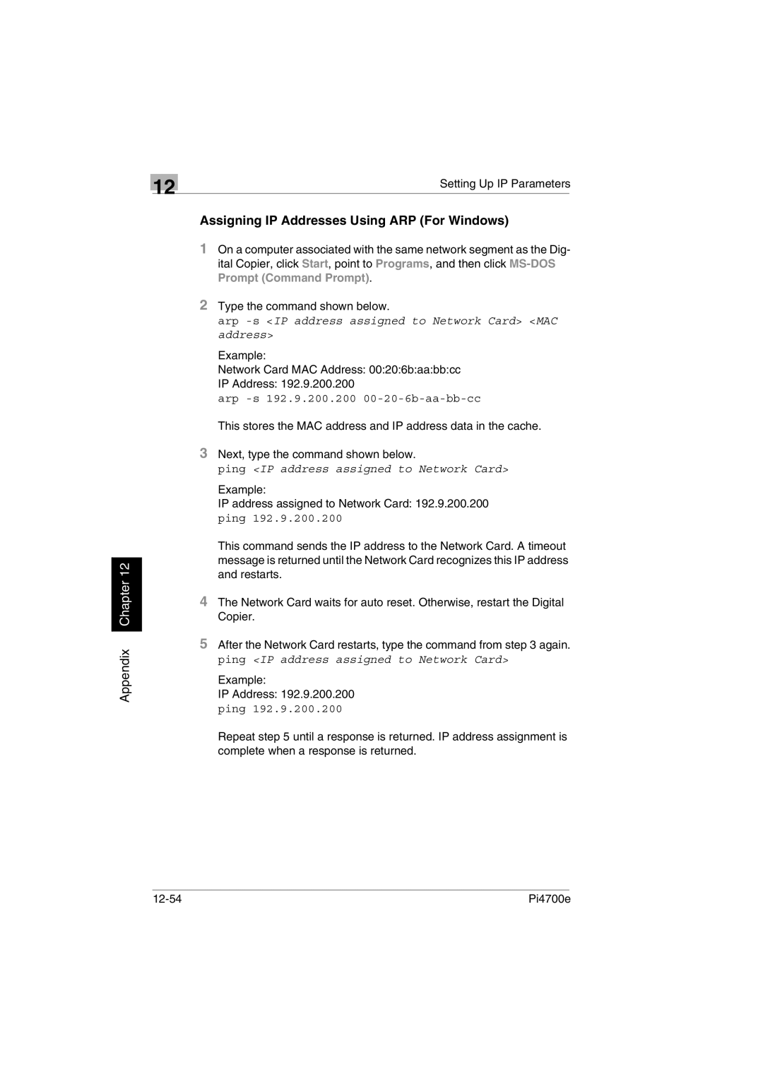 Minolta PI4700E Assigning IP Addresses Using ARP For Windows, Example Network Card MAC Address 00206baabbcc IP Address 