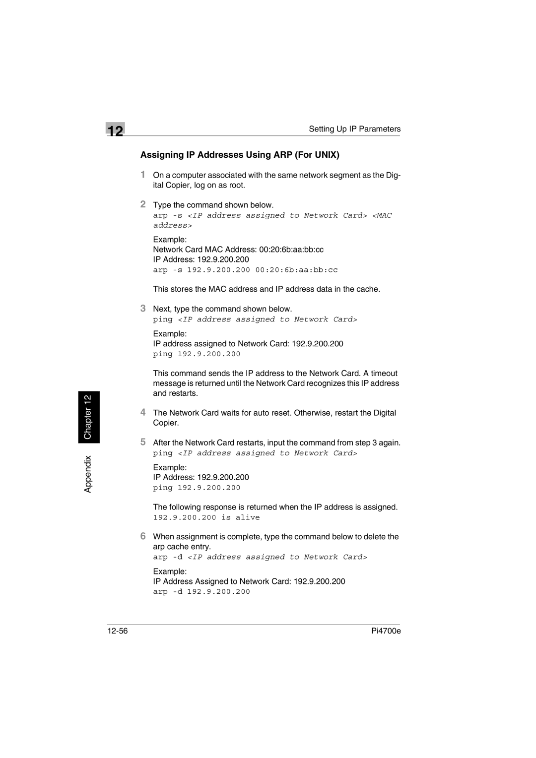 Minolta PI4700E Assigning IP Addresses Using ARP For Unix, Arp -sIP address assigned to Network Card MAC address 