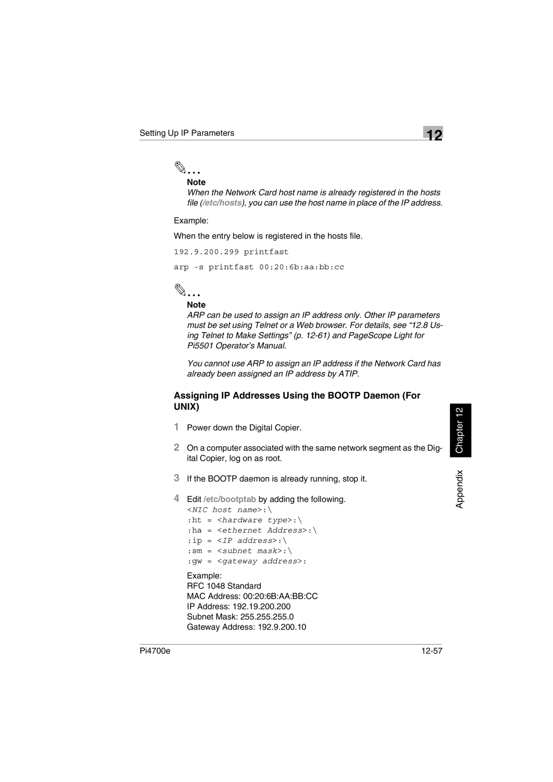 Minolta PI4700E user manual Assigning IP Addresses Using the Bootp Daemon For Unix, Pi4700e 12-57 