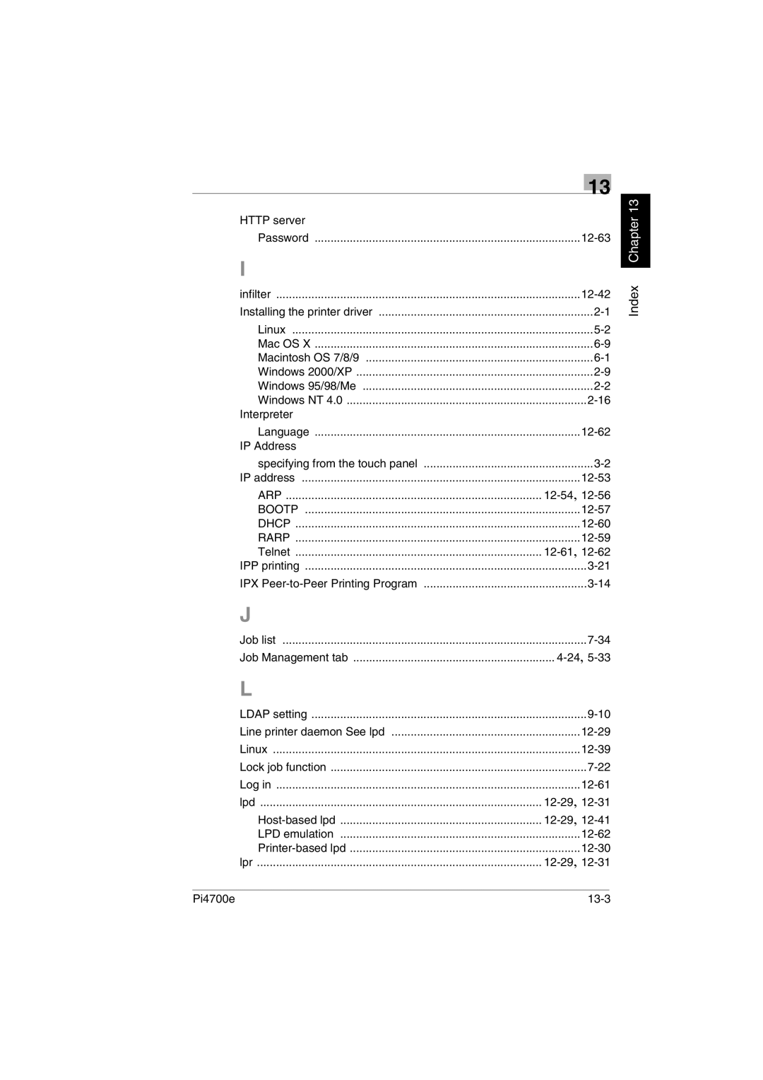 Minolta PI4700E user manual Http server, Interpreter, IP Address, Telnet, Job Management tab 24,5-33, 12-61 Lpd, 12-30 Lpr 