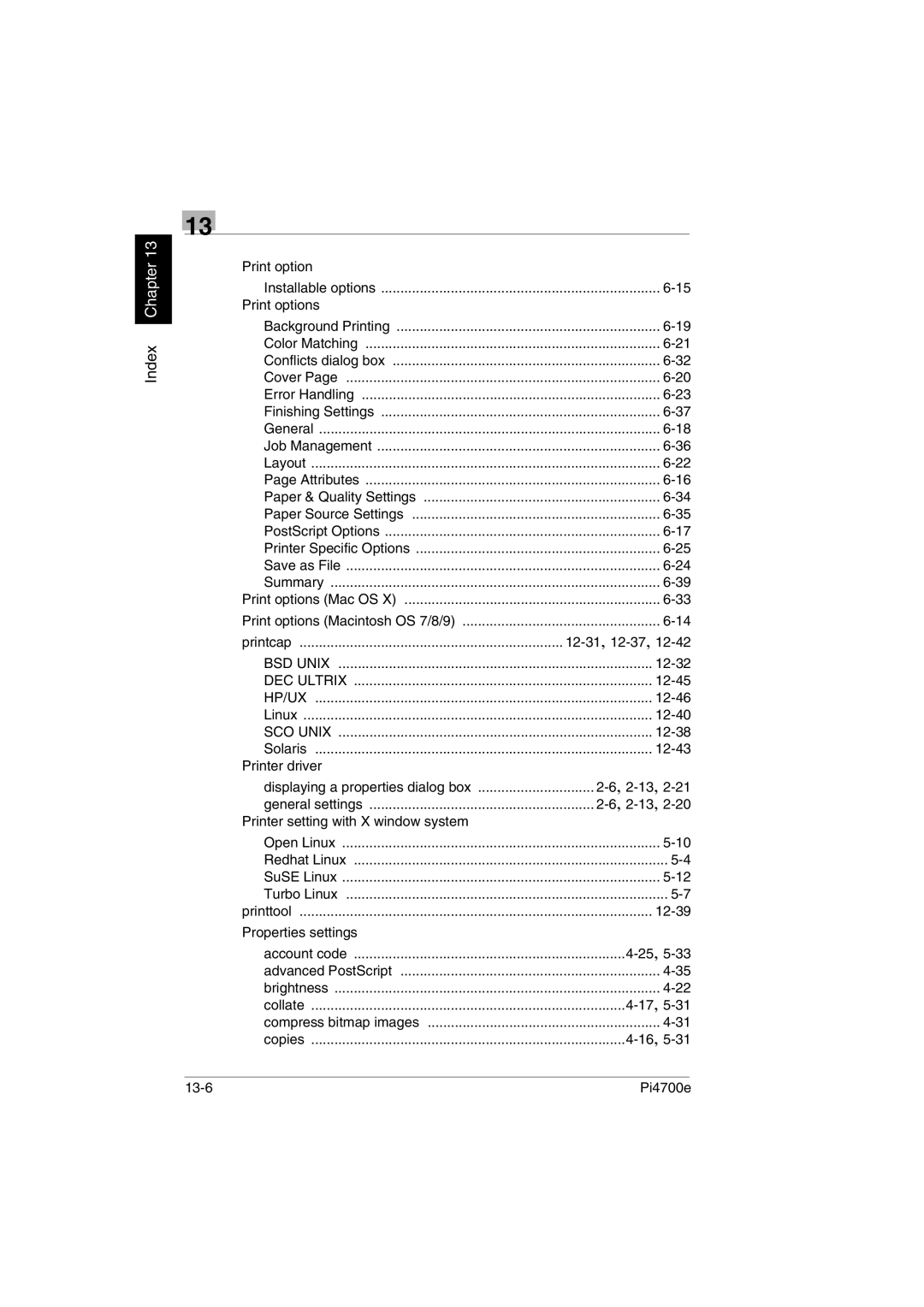 Minolta PI4700E Print option, Printcap, 12-32, 12-46, 12-40, Printer driver, 2-13,2-21, 2-13,2-20, 25,5-33, 17,5-31 