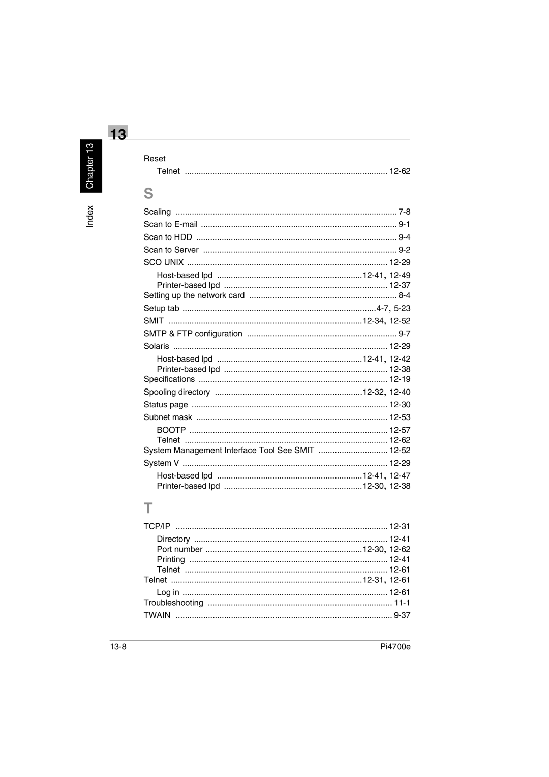 Minolta PI4700E user manual Reset Telnet 12-62, Setup tab 5-23, Spooling directory, 12-30, Port number 