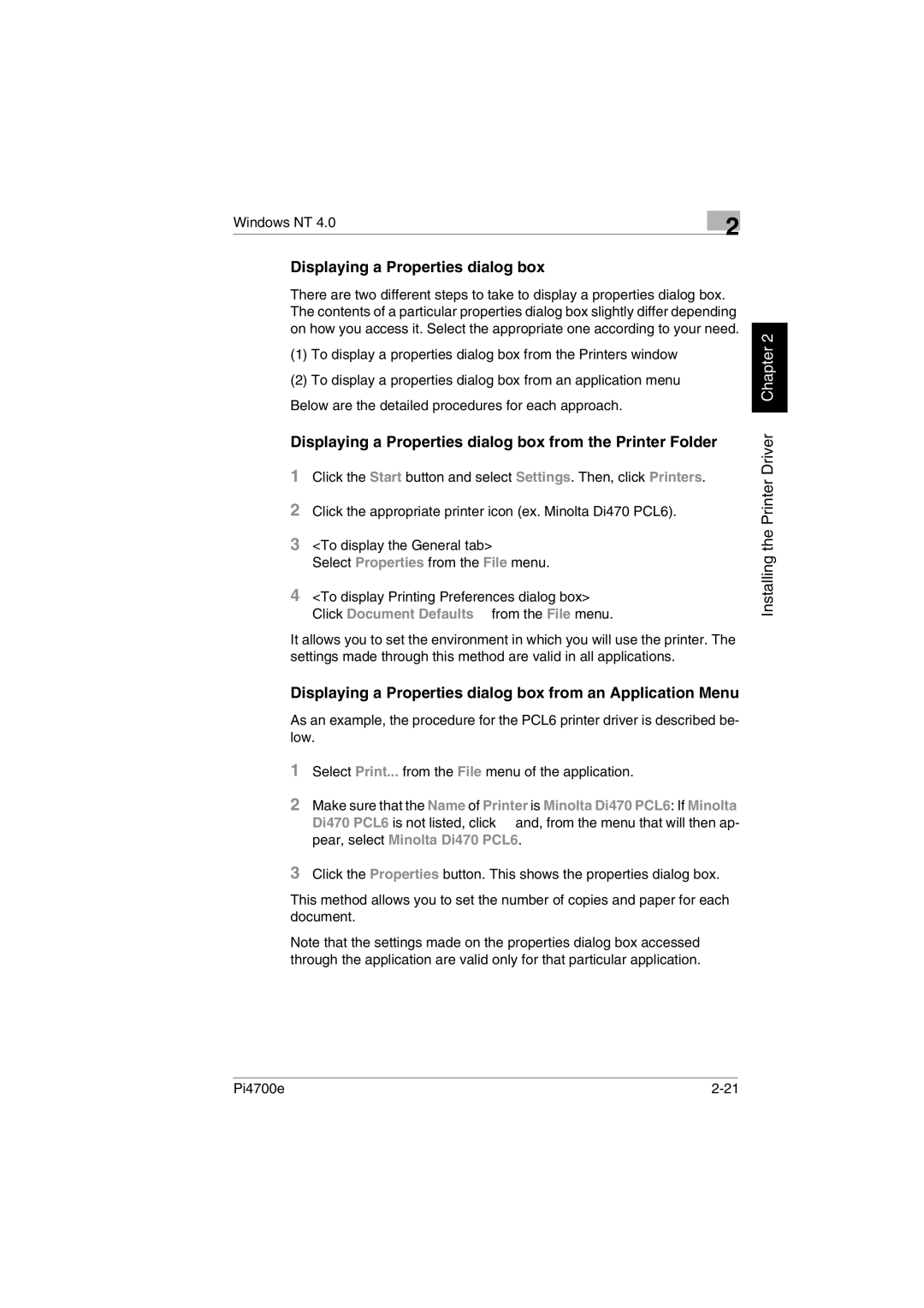 Minolta PI4700E user manual Displaying a Properties dialog box 