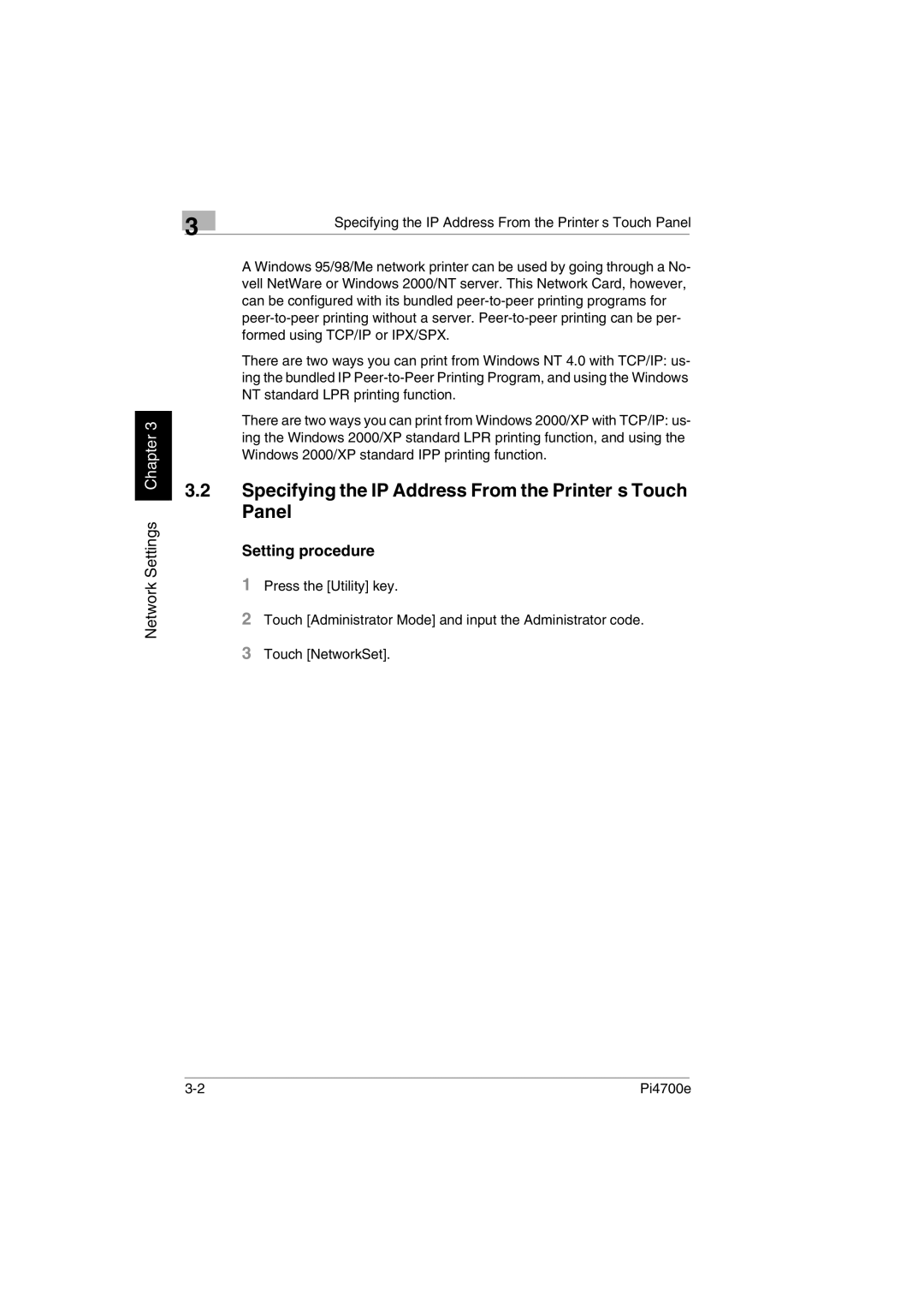 Minolta PI4700E user manual Specifying the IP Address From the Printer’s Touch Panel, Setting procedure 