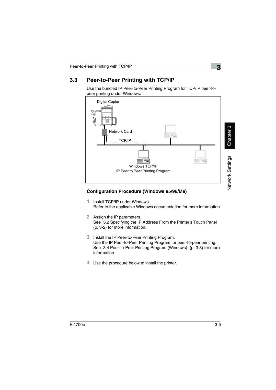 Minolta PI4700E user manual Peer-to-Peer Printing with TCP/IP, Configuration Procedure Windows 95/98/Me 