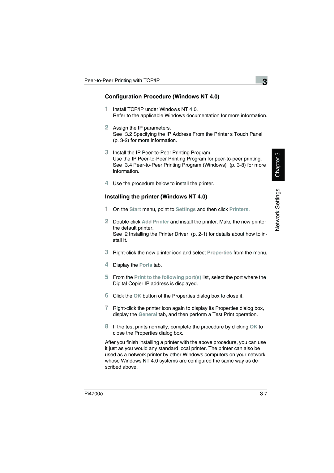 Minolta PI4700E user manual Configuration Procedure Windows NT, Installing the printer Windows NT 