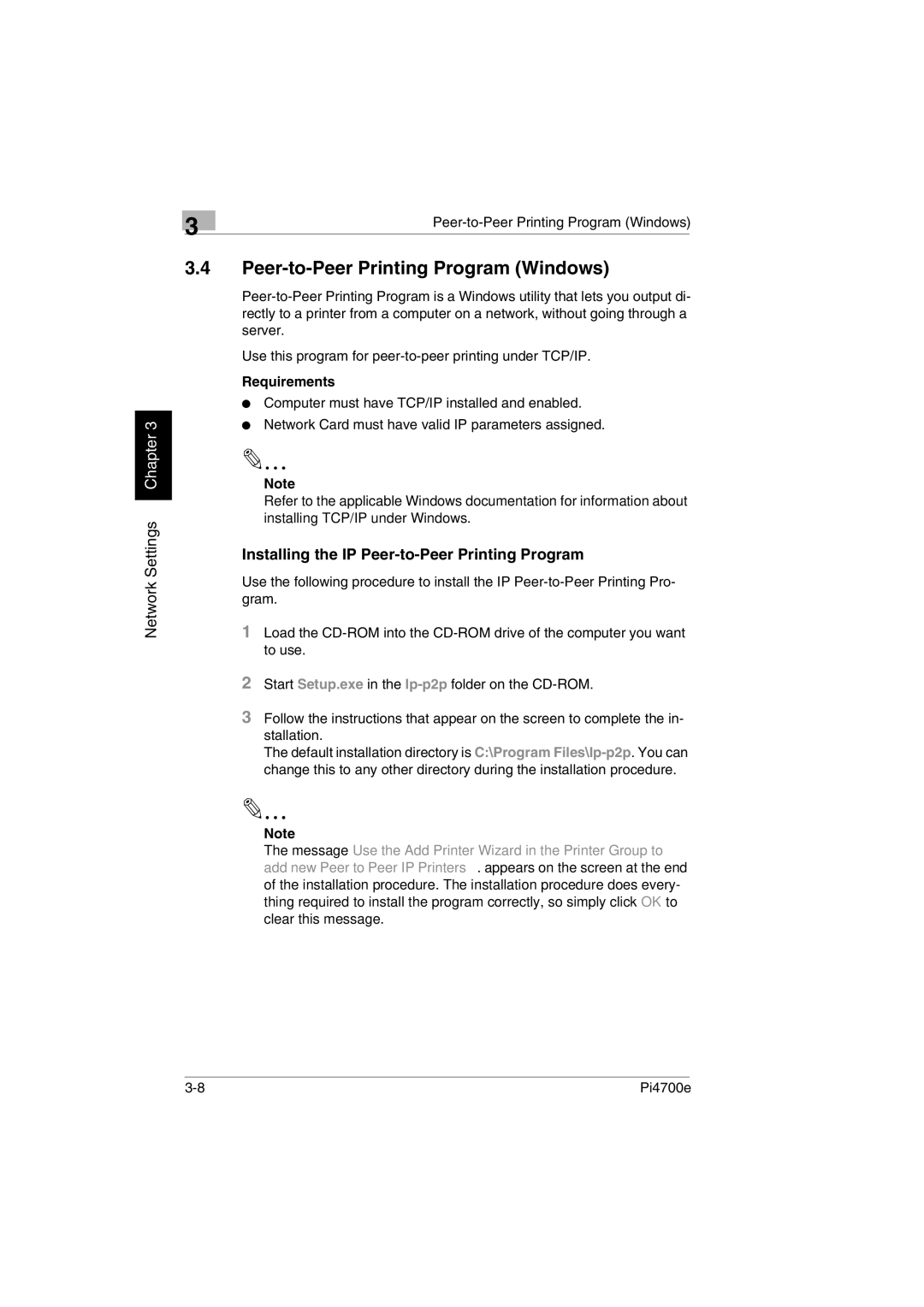 Minolta PI4700E Peer-to-Peer Printing Program Windows, Installing the IP Peer-to-Peer Printing Program, Requirements 