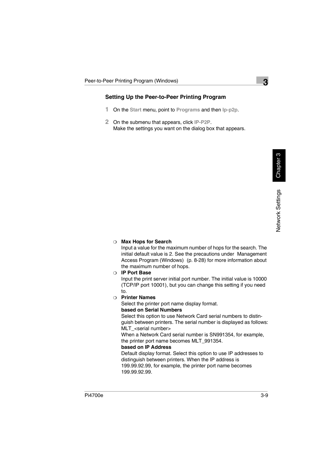 Minolta PI4700E user manual Setting Up the Peer-to-Peer Printing Program, Max Hops for Search, IP Port Base, Printer Names 