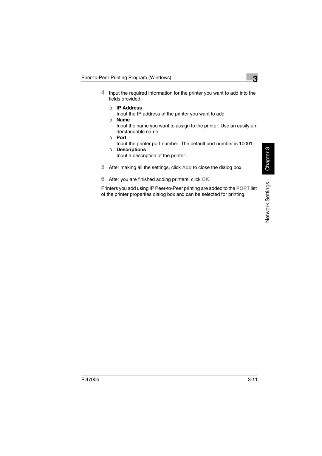 Minolta PI4700E user manual IP Address, Name, Port, Descriptions 