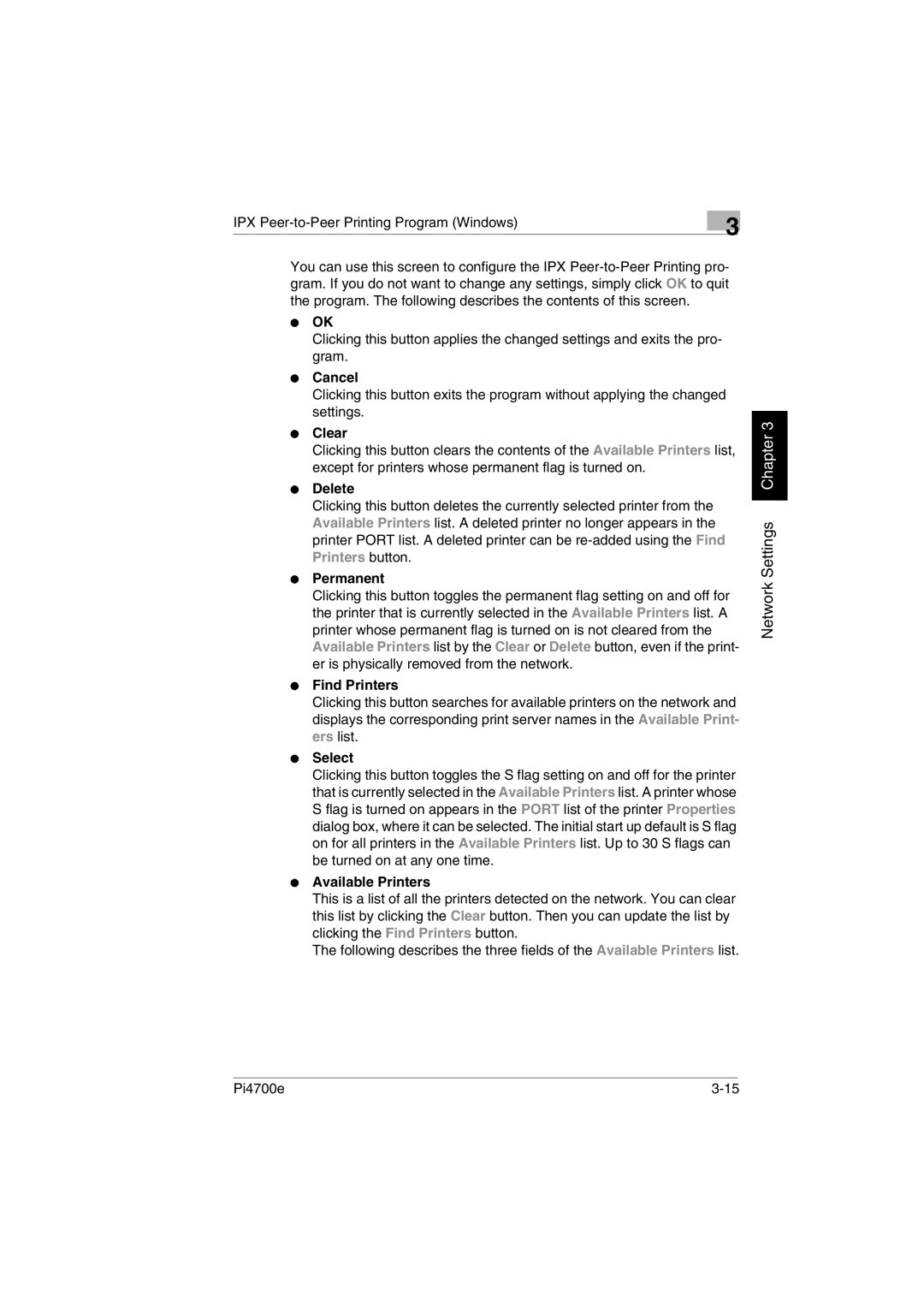 Minolta PI4700E user manual  Ok,  Cancel,  Clear,  Delete,  Permanent,  Find Printers,  Select,  Available Printers 