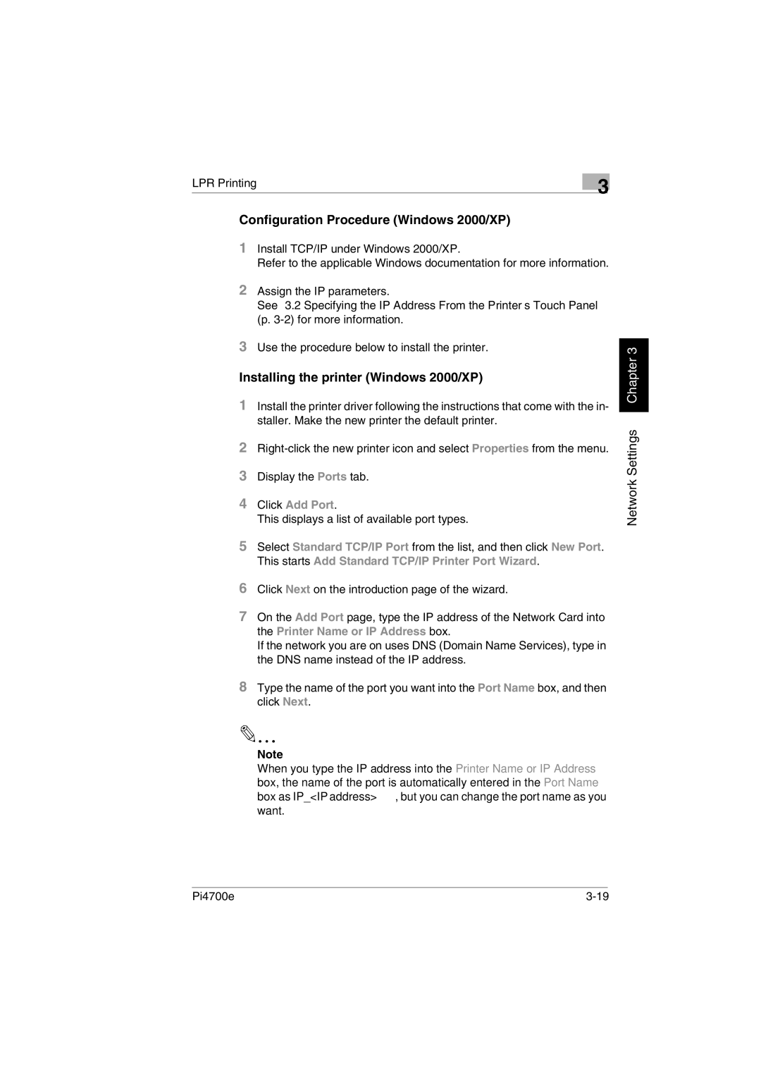 Minolta PI4700E user manual Configuration Procedure Windows 2000/XP, Installing the printer Windows 2000/XP 