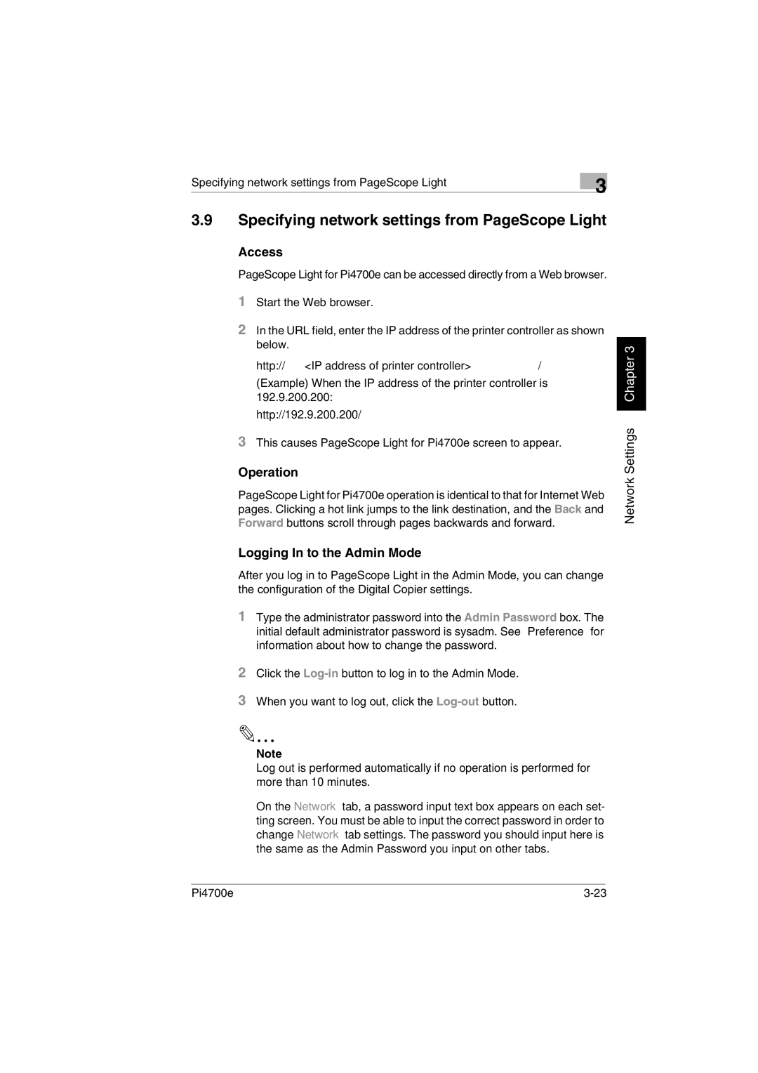 Minolta PI4700E Specifying network settings from PageScope Light, Access, Operation, Logging In to the Admin Mode 