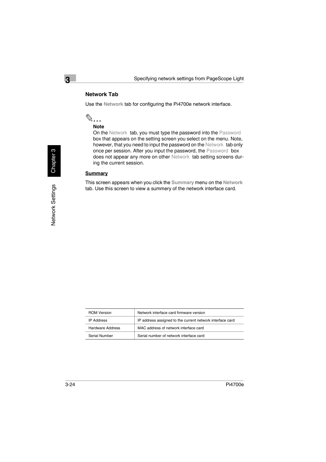 Minolta PI4700E user manual Network Tab, Summary 