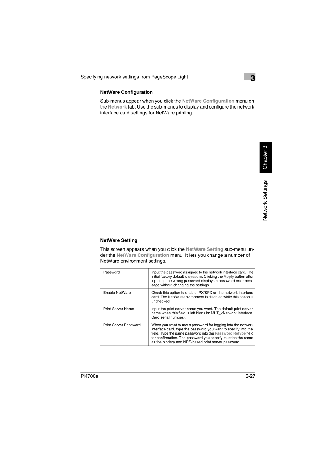 Minolta PI4700E user manual NetWare Configuration, NetWare Setting 