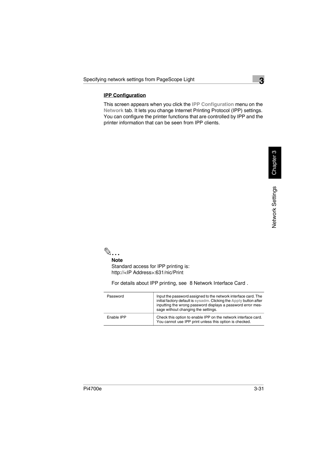 Minolta PI4700E user manual IPP Configuration, Http//IP Address631/nic/Print 