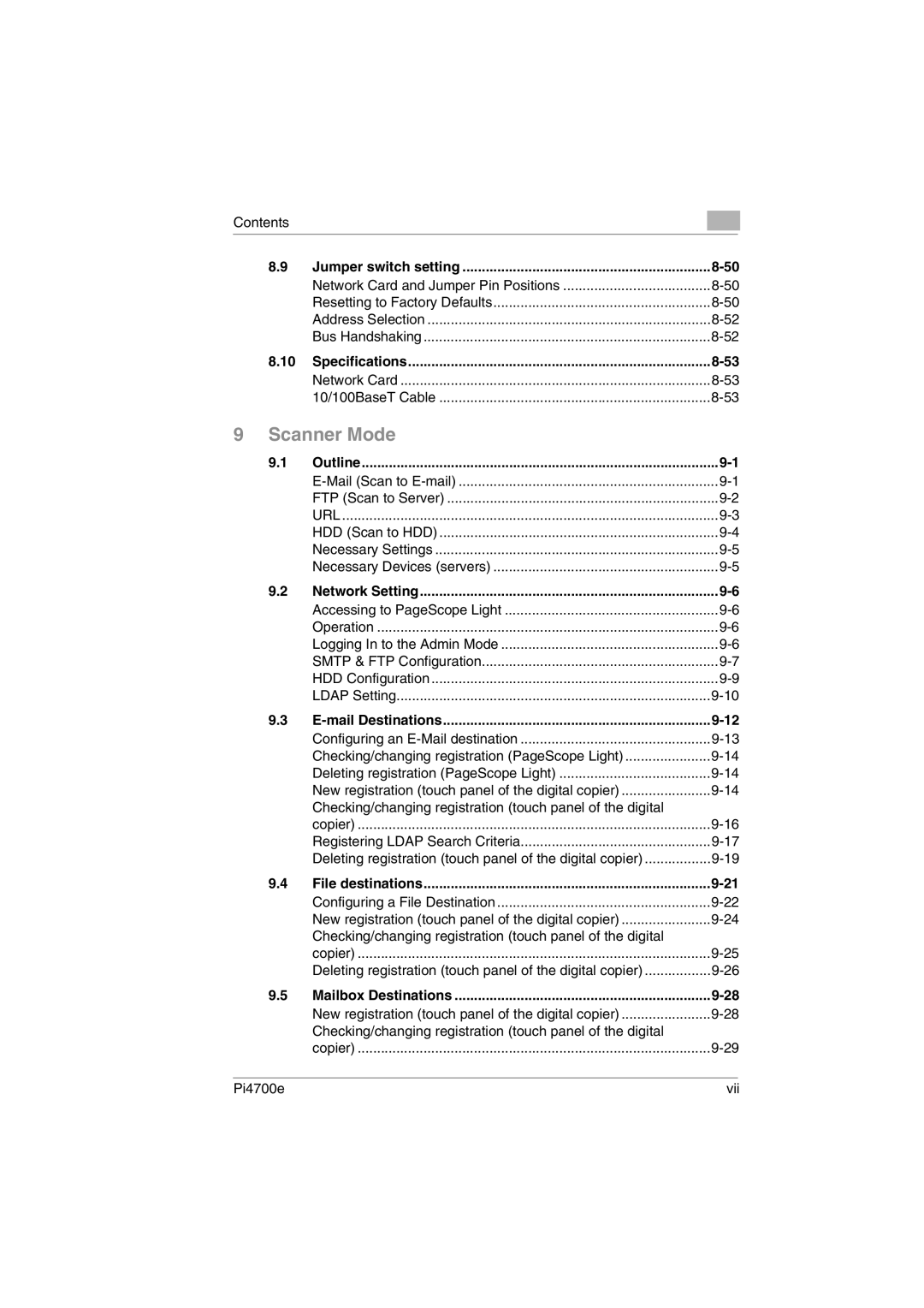 Minolta PI4700E Jumper switch setting, Specifications, Outline, Network Setting, Mail Destinations, File destinations 