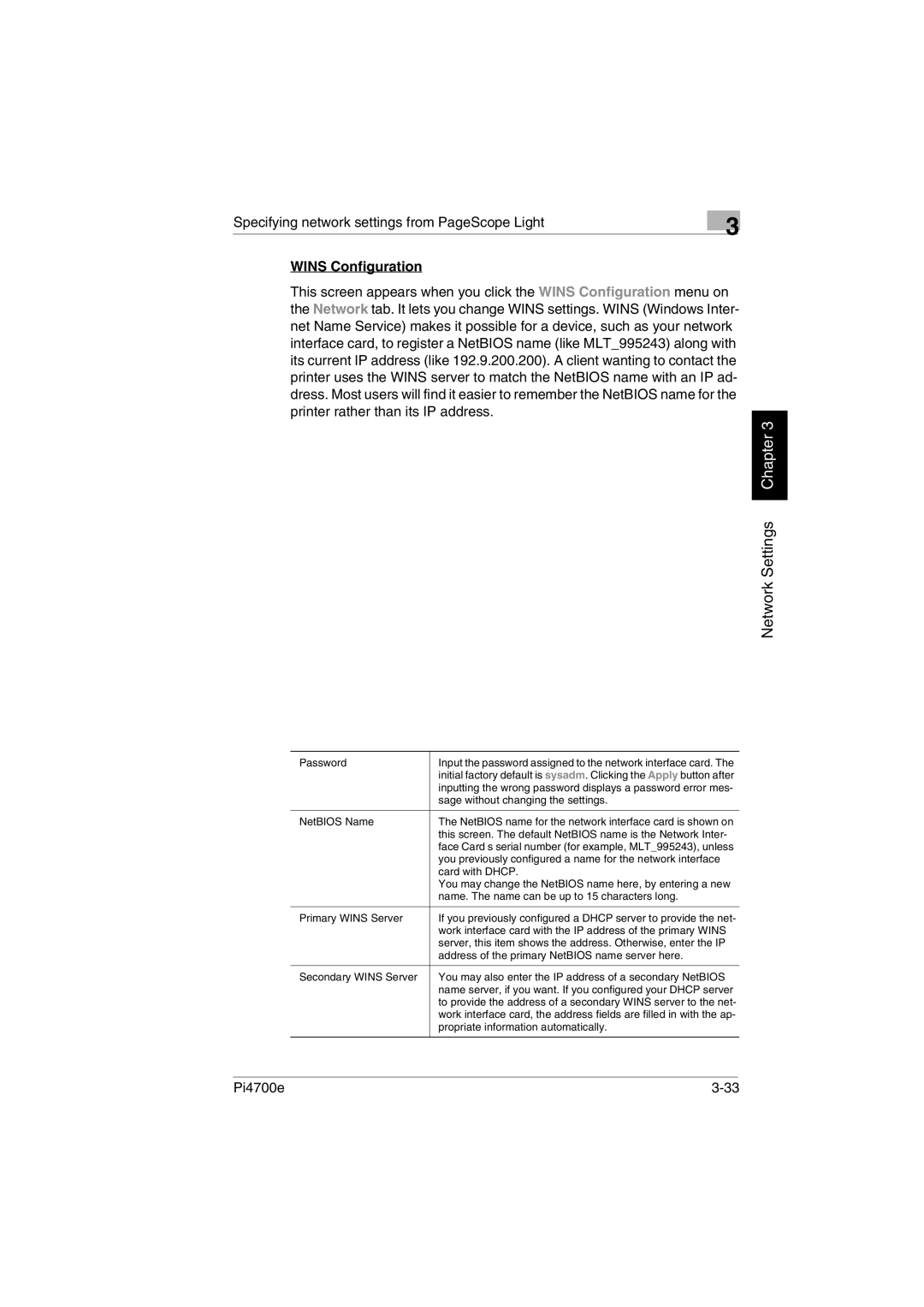 Minolta PI4700E user manual Wins Configuration 