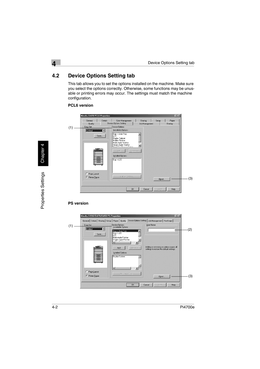 Minolta PI4700E user manual Device Options Setting tab, PCL6 version 