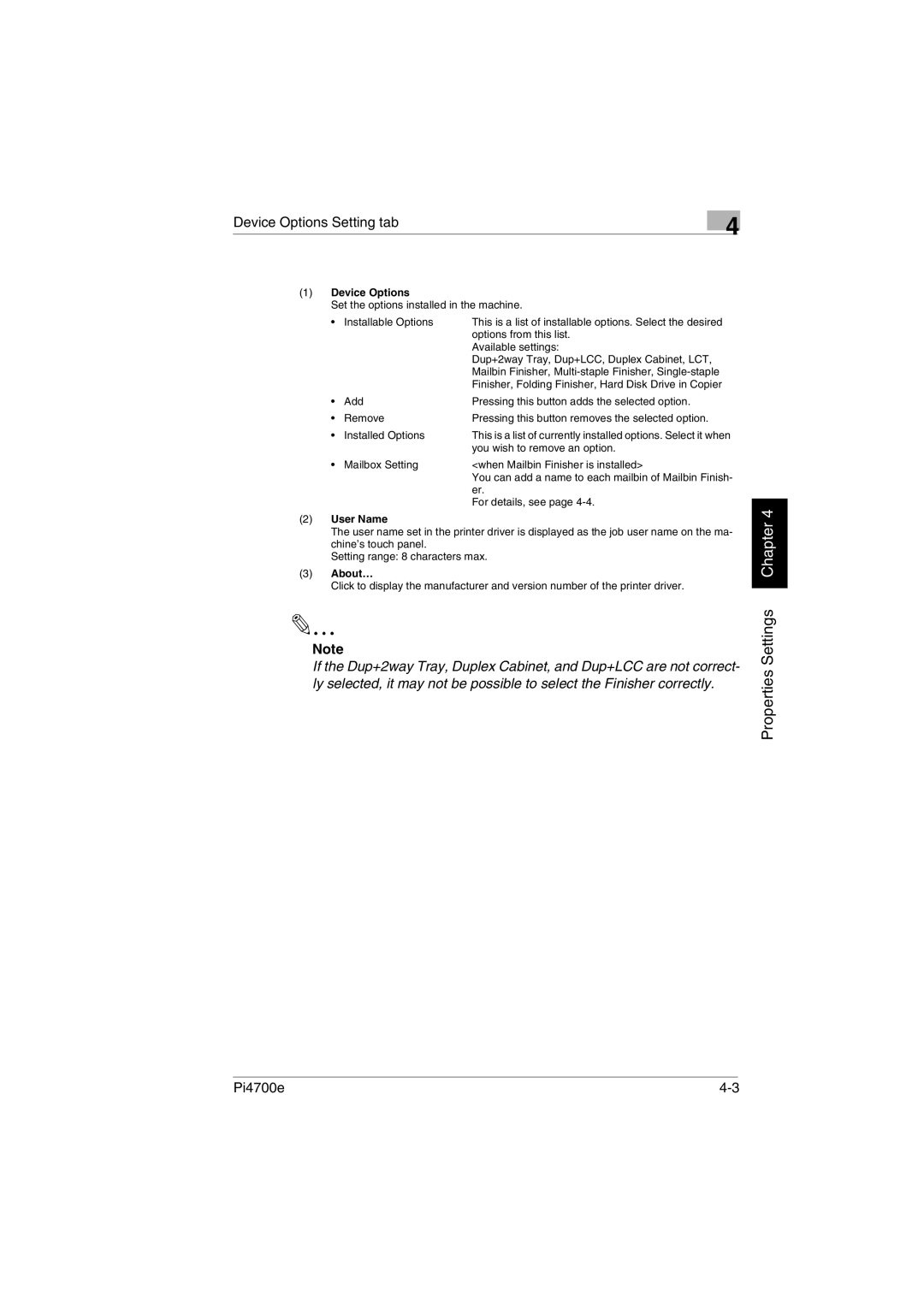 Minolta PI4700E user manual Device Options Setting tab, User Name, About… 