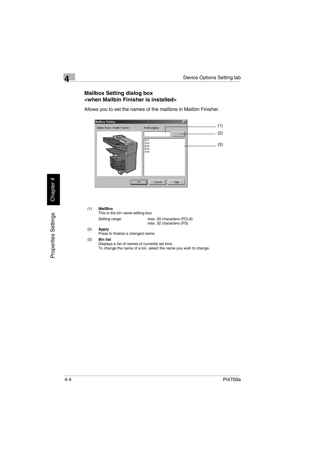 Minolta PI4700E user manual MailBox, Apply, Bin list 