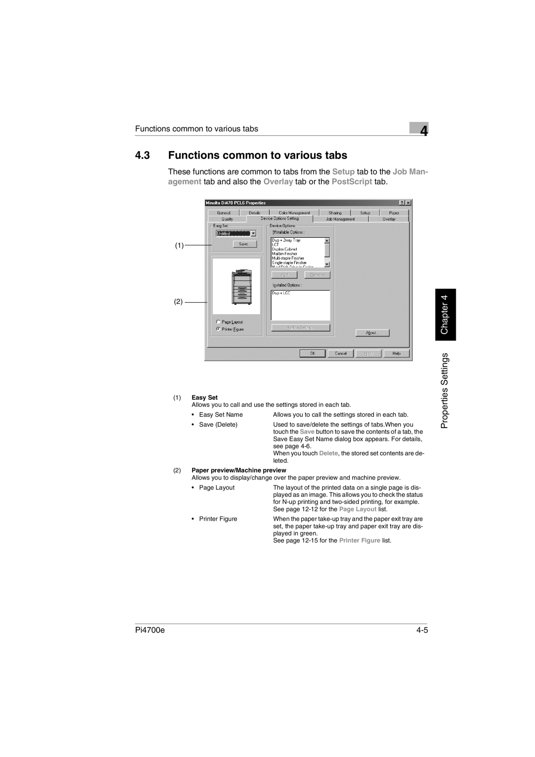 Minolta PI4700E user manual Functions common to various tabs, Easy Set, Paper preview/Machine preview 