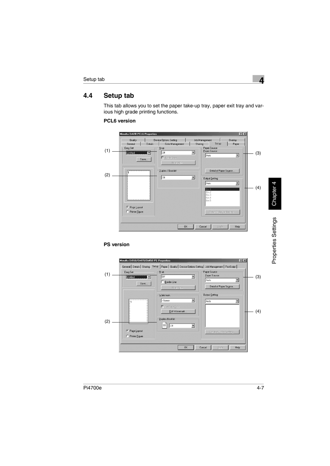 Minolta PI4700E user manual Setup tab, PCL6 version PS version 