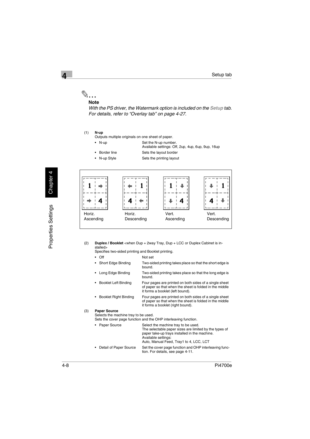 Minolta PI4700E user manual Horiz Vert Ascending Descending, Paper Source 