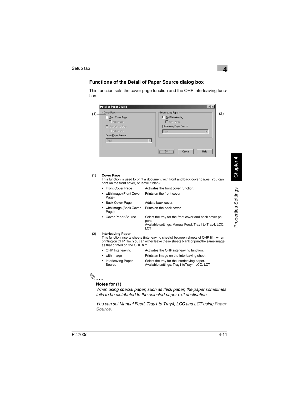 Minolta PI4700E user manual Functions of the Detail of Paper Source dialog box, Cover, Interleaving Paper 