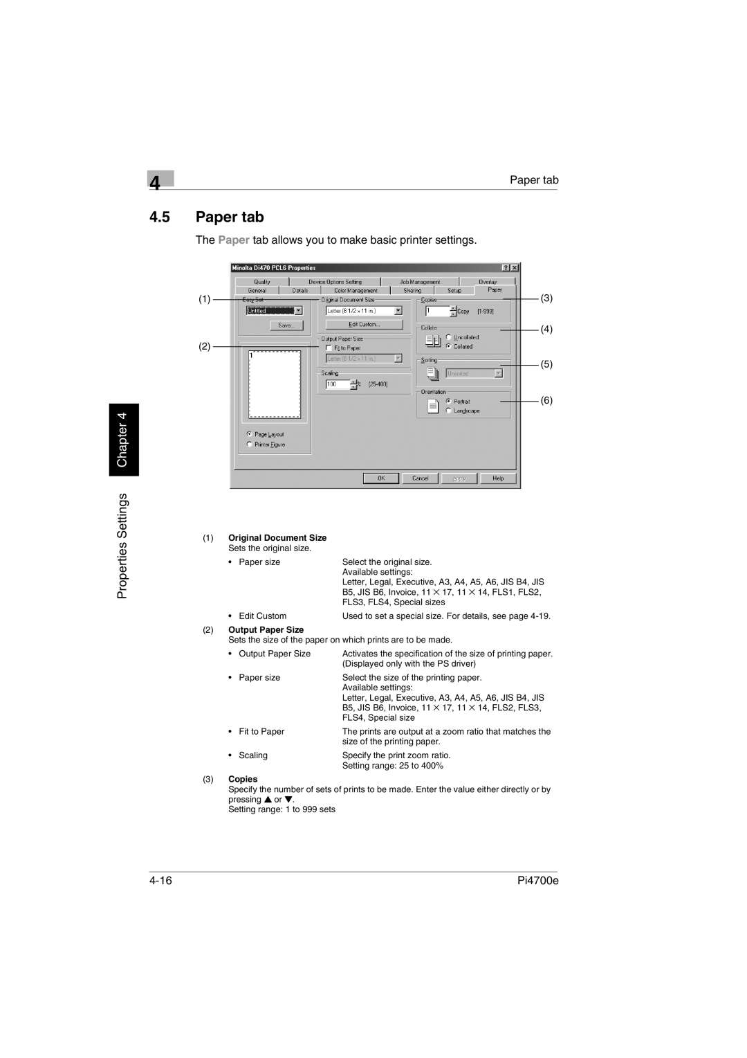 Minolta PI4700E user manual Paper tab, Original Document Size Sets the original size, Output Paper Size, Copies 