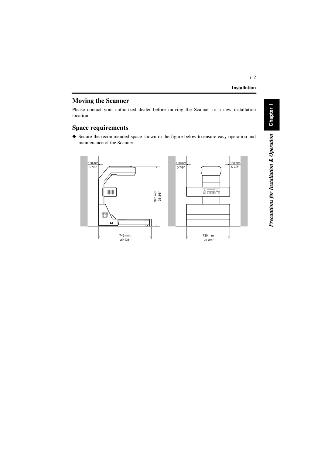 Minolta PS7000 manual Moving the Scanner, Space requirements, Installation 