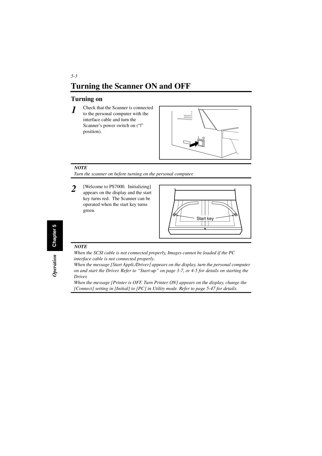 Minolta PS7000 manual Turning the Scanner on and OFF, Turning on 