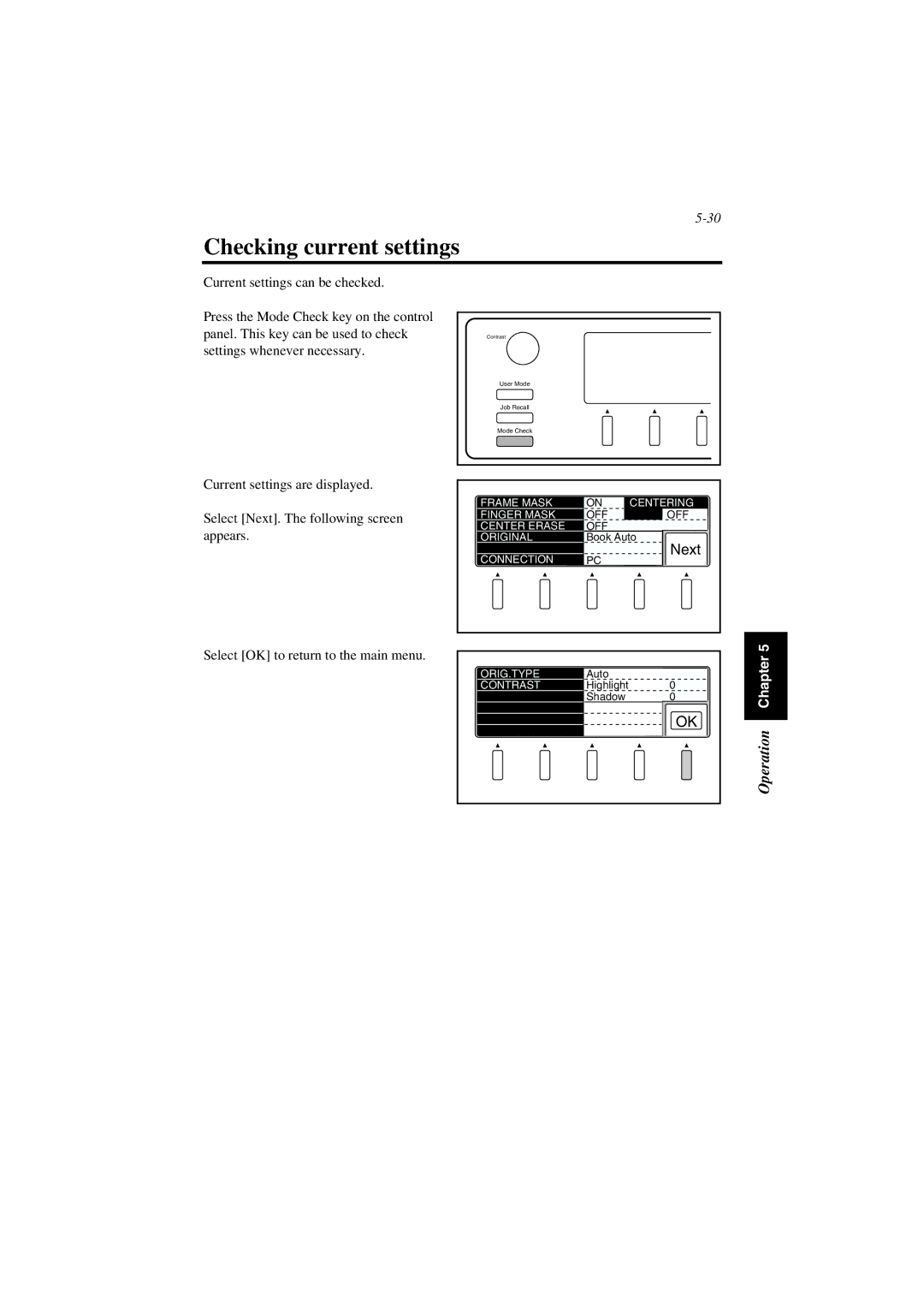 Minolta PS7000 manual Checking current settings 